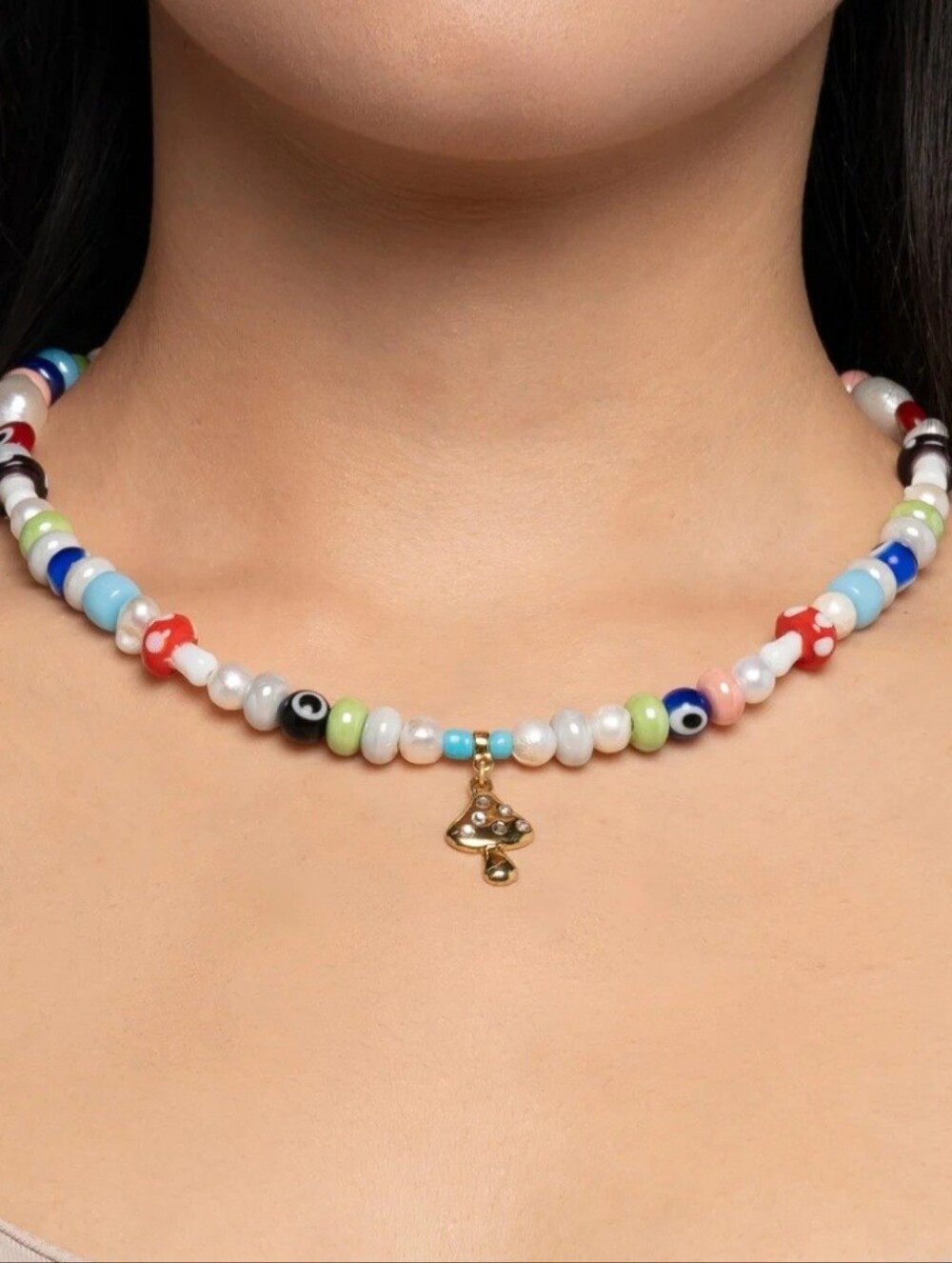 Gold Mushroom Charm Multicolor Pearl Beaded Choker Necklace